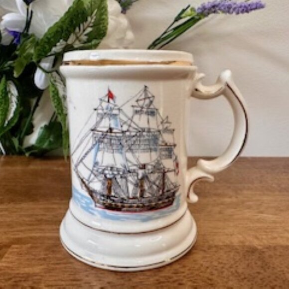 Vintage Gainsborough Moustache Mug Ship Design Gold Rim Ceramic Shaving Mug Tank - Picture 1 of 8